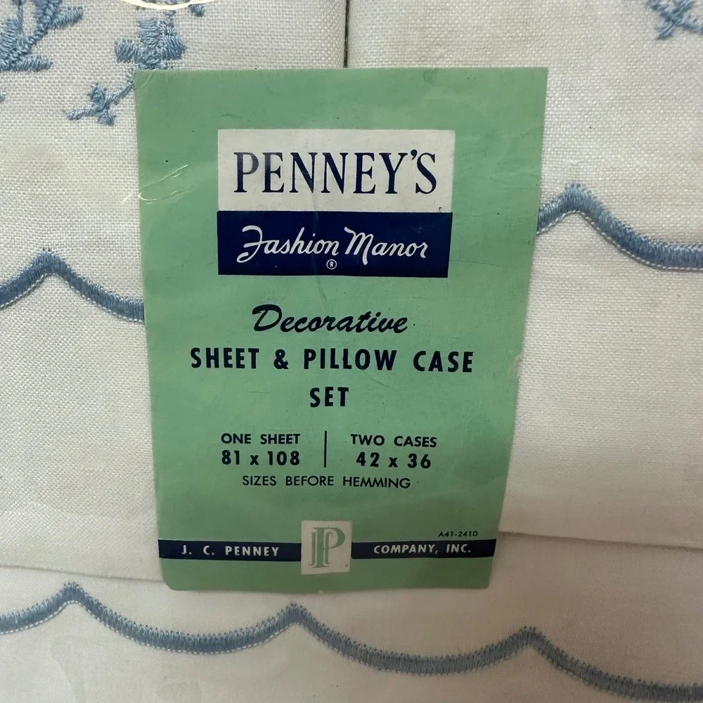 Vintage Penneys Fashion Manor Embroidered Sheet Pillowcase Set Blue Floral White